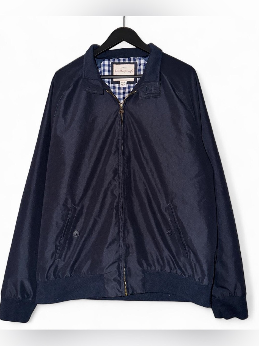 Navy blue Weatherproof Harrington jacket with gingham lining, size XL